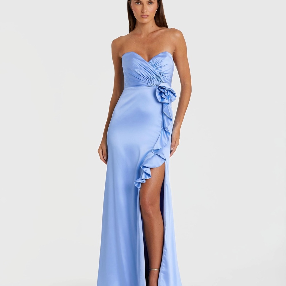 Mac Duggal 68872 Blue Strapless Satin Column Gown With 3D Flower